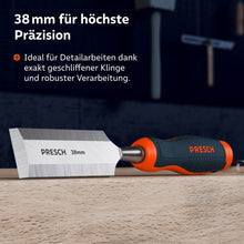 Das Stemmeisen mit 38mm Klingenbreite liegt auf einer Holzbohle; ideal für großflächige Präzisionsarbeiten dank exakt geschliffener Klinge und robuster Verarbeitung.