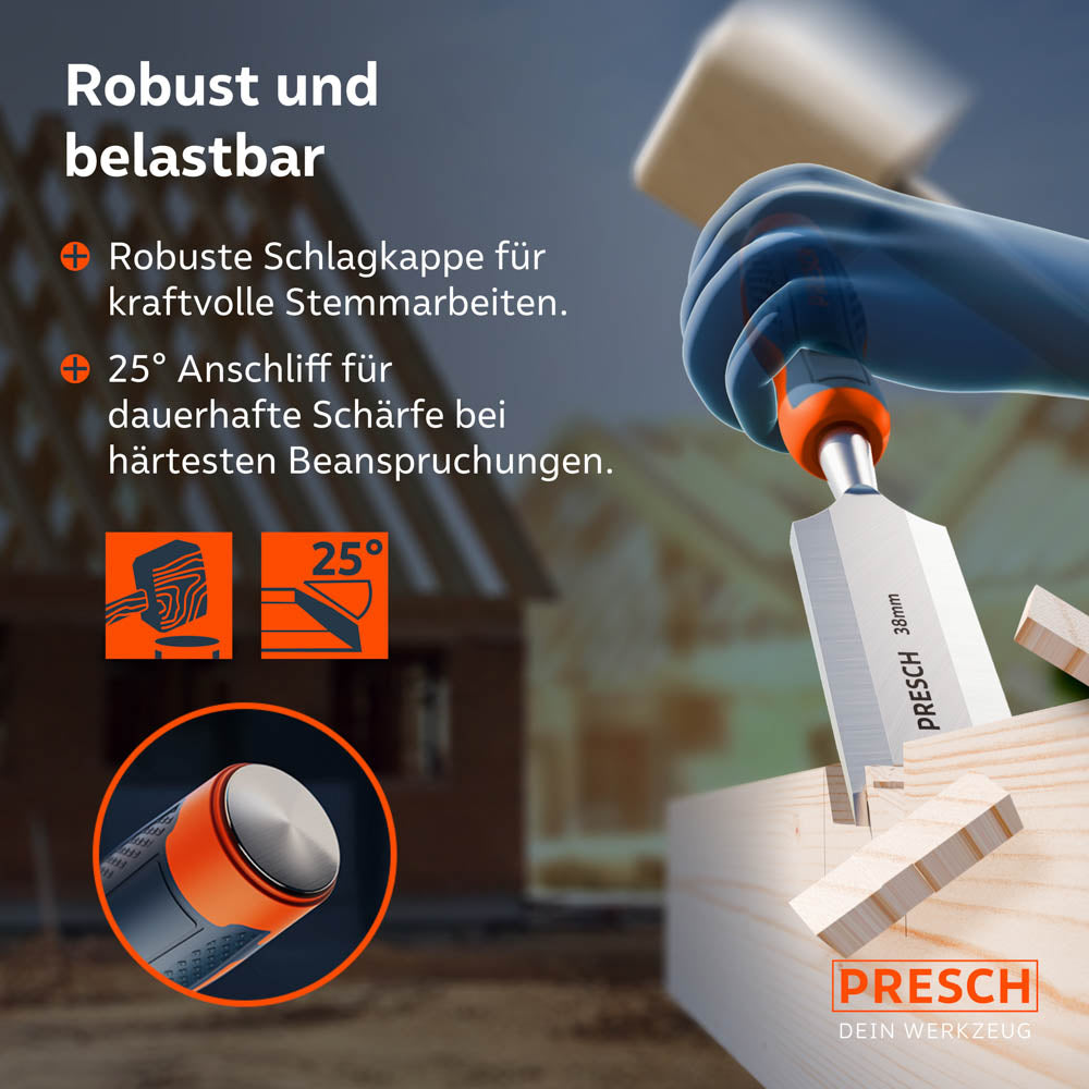 Einsatz auf der Baustelle: Das Stemmeisen im Einsatz mit einem Holzhammer; die robuste Schlagkappe und der 25° Anschliff garantieren dauerhafte Schärfe bei härtester Beanspruchung.