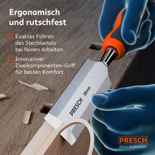 Sichere Führung bei feinen Arbeiten: Die Illustration zeigt die Handhaltung am innovativen Zweikomponenten-Griff für besten Komfort und exakte Linienführung beim 38mm Stemmeisen.