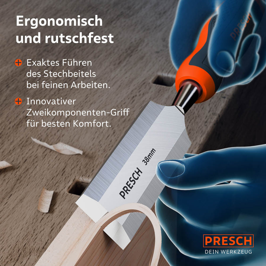 Guidage sûr pour les travaux de précision : L'illustration montre la prise en main de la poignée à deux composants innovante, offrant le meilleur confort et un guidage précis des lignes avec le burin de 38 mm.