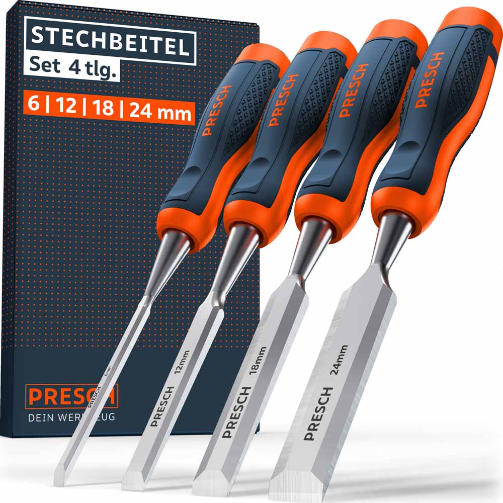 PRESCH Stechbeitel Set 4tlg. – Hochwertiges Stemmeisen-Set mit den Breiten 6, 12, 18 und 24mm, ausgestattet mit ergonomischen 2-Komponenten-Griffen in Orange und Dunkelblau vor der Produktverpackung.
