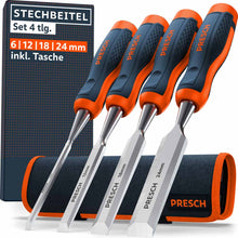 PRESCH Beitelset 4-delig met robuuste tas – Hoogwaardig beitelset met breedtes 6, 12, 18 en 24 mm, uitgerust met ergonomische 2‑componenten handgrepen in oranje en donkerblauw vóór de productverpakking.