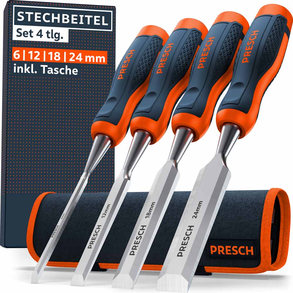 PRESCH Stechbeitel Set 4tlg. mit robuster Tasche – Hochwertiges Stemmeisen-Set mit den Breiten 6, 12, 18 und 24mm, ausgestattet mit ergonomischen 2-Komponenten-Griffen in Orange und Dunkelblau vor der Produktverpackung.
