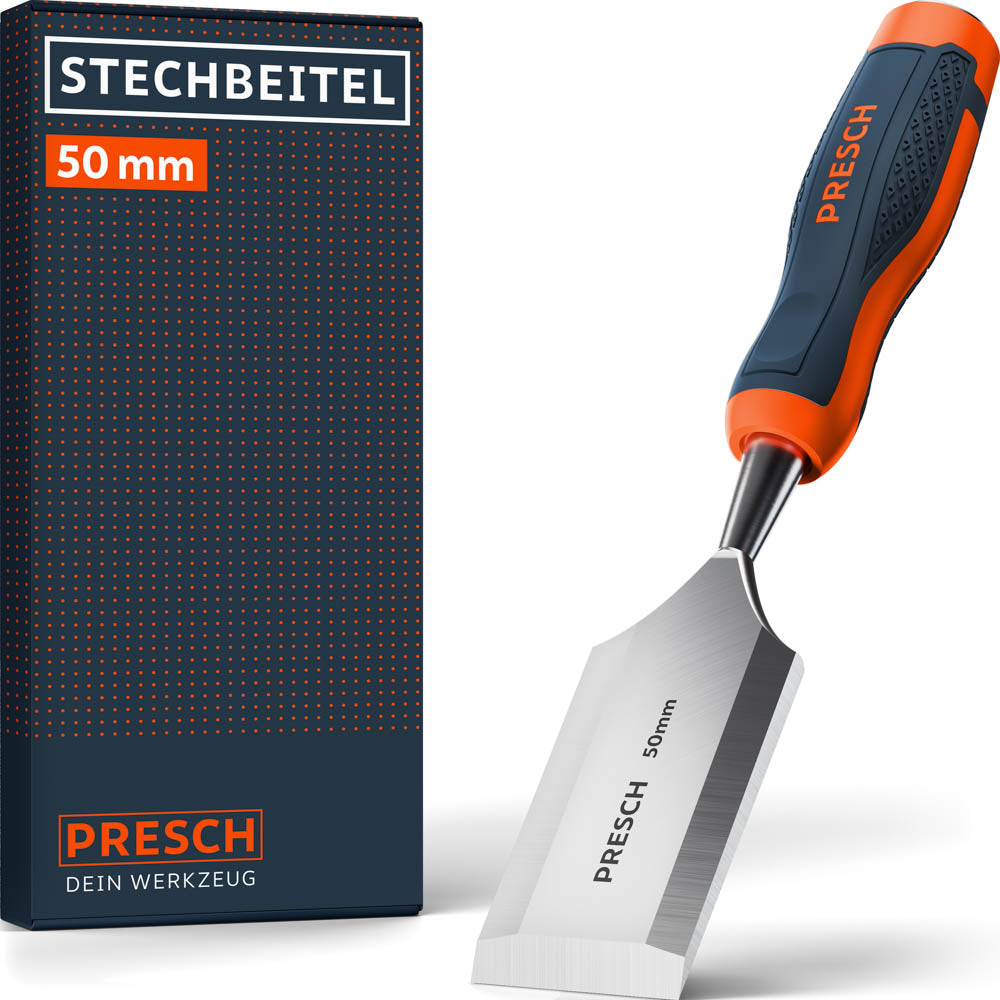 PRESCH Stechbeitel 50mm – Hochwertiges Stemmeisen für die Holzbearbeitung mit ergonomischem 2-Komponenten-Griff in Orange und Dunkelblau sowie passender Produktverpackung.