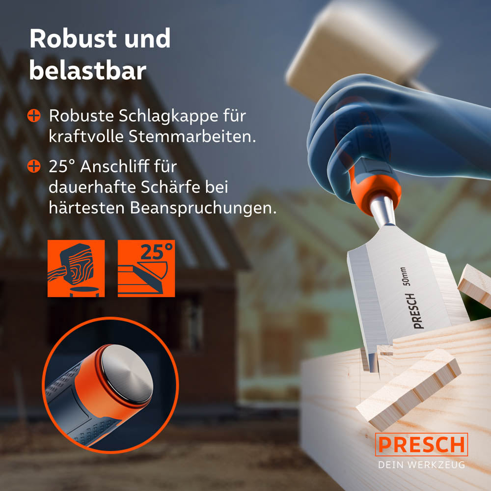 Einsatz auf der Baustelle: Das Stemmeisen im Einsatz mit einem Holzhammer; die robuste Schlagkappe und der 25° Anschliff garantieren dauerhafte Schärfe bei härtester Beanspruchung.