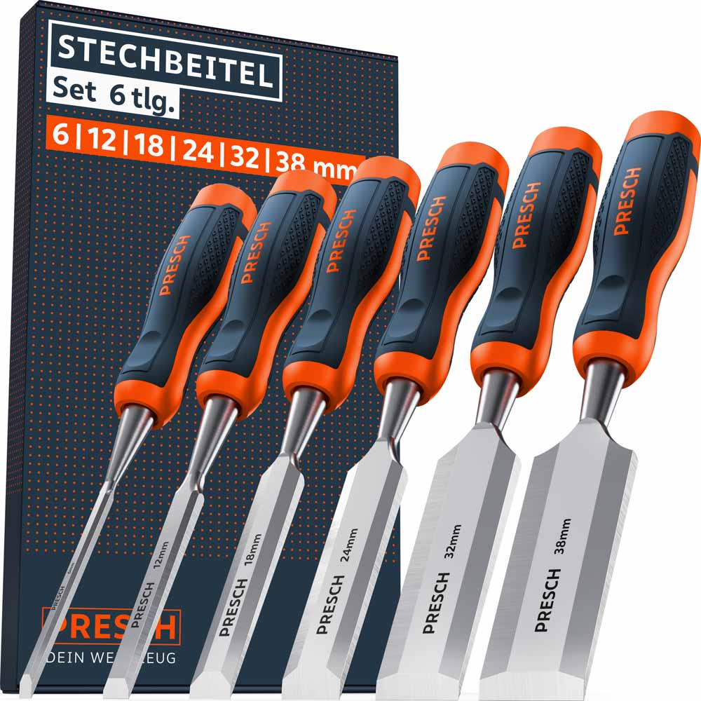 PRESCH Stechbeitel Set 6 tlg. – Hochwertiges Stemmeisen-Sortiment mit den Breiten 6, 12, 18, 24, 32 und 38 mm, Produktverpackung im markanten Orange-Blau-Design.