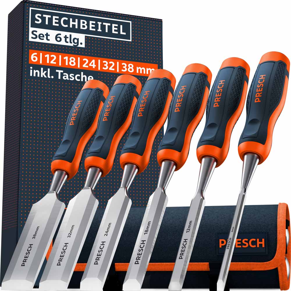 PRESCH Stechbeitel Set 6 tlg. – Hochwertiges Stemmeisen-Sortiment mit den Breiten 6, 12, 18, 24, 32 und 38 mm, inklusive Rolltasche und Produktverpackung im markanten Orange-Blau-Design.