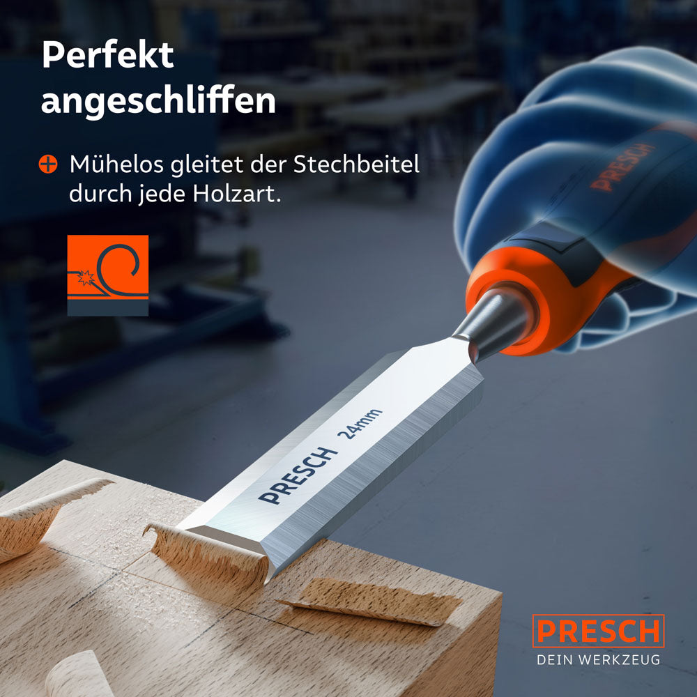 Anwendungsbeispiel: Ein scharf angeschliffener 24mm Stechbeitel aus dem Set gleitet mühelos durch das Holz und erzeugt saubere Späne bei der Kantenbearbeitung.
