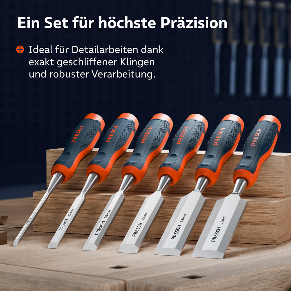 Alle sechs Stemmeisen des Sets übersichtlich auf einer Werkbank präsentiert; ideal für präzise Detailarbeiten dank exakt geschliffener Klingen und robuster Verarbeitung.
