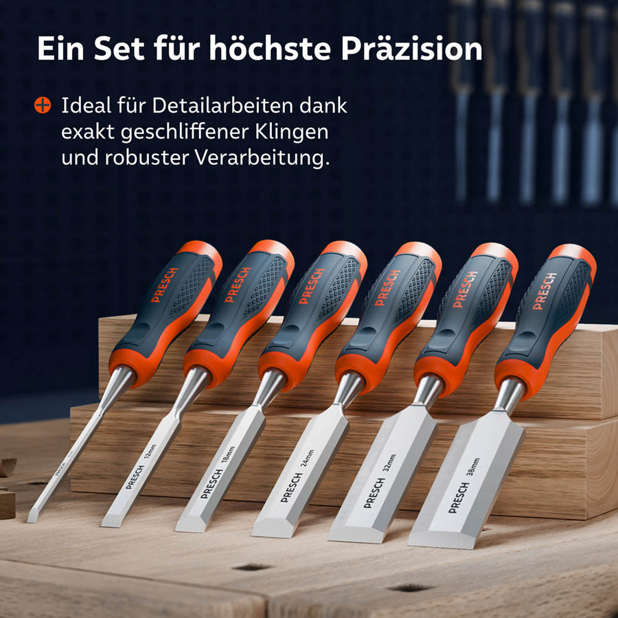 Tous les six poinçons du jeu sont présentés de manière claire sur un établi ; idéaux pour les travaux de détail précis grâce à des lames exactement affûtées et une construction robuste.