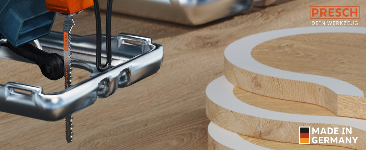 PRESCH Stichsägeblätter für Holz, ideal für saubere Kurvenschnitte, Präzisionswerkzeug, Sägeblatt in Aktion.