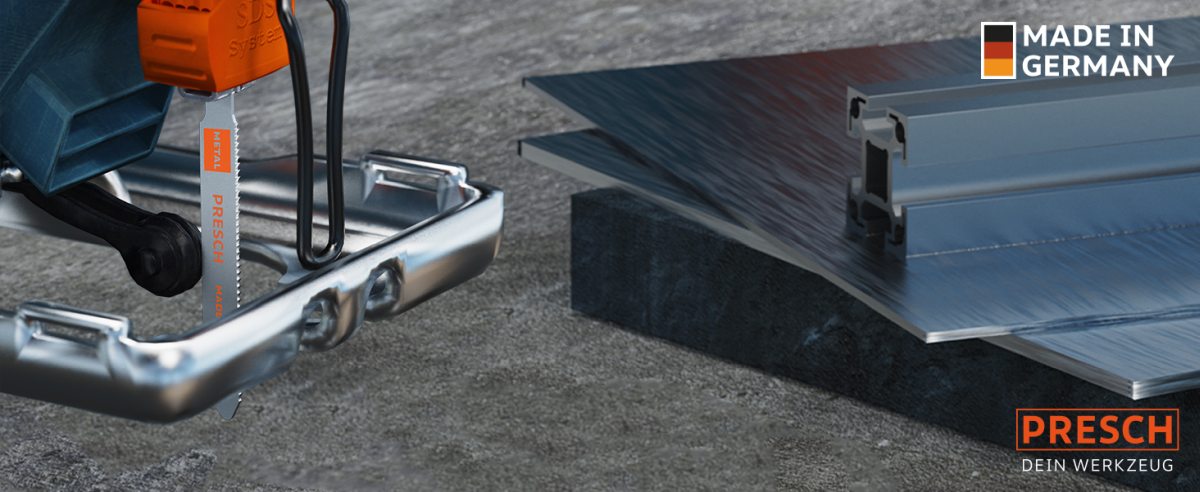 Stichsägeblätter für Metall der Marke PRESCH, speziell für das Schneiden von dünnen Blechen, abgebildet mit einer Stichsäge und Metallprofilen.