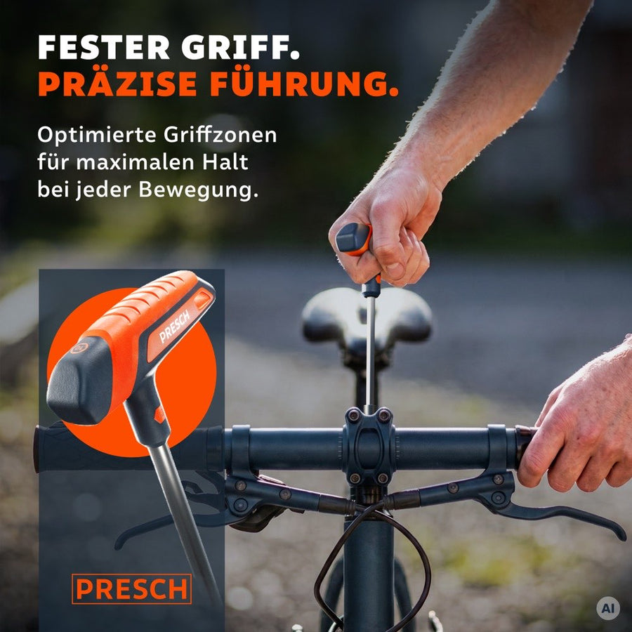Een hand omvat de gerubberde T-greep bij het instellen van een fietsstuur