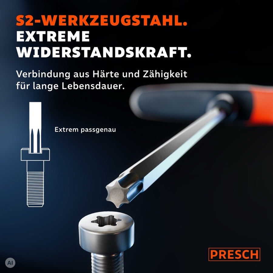 Nahaufnahme der Innensechsrund Klinge aus S2-Stahl über einer Schraube mit Sternprofil