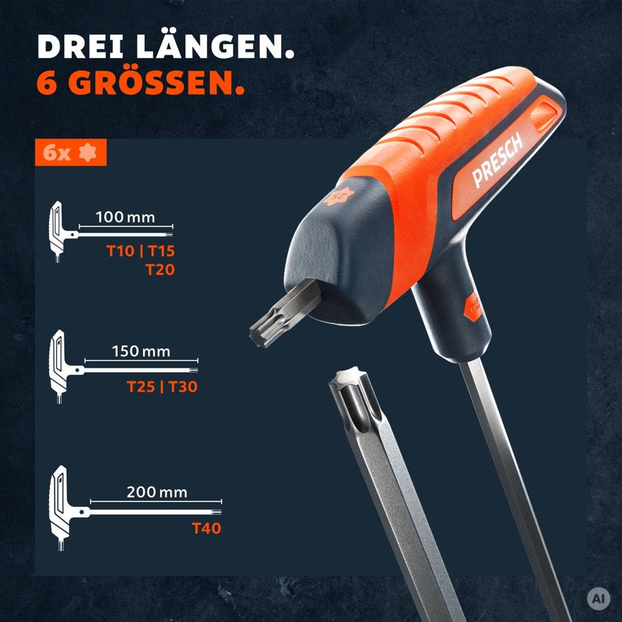 Übersicht der drei Schaftlängen 100, 150 und 200 mm mit den Größen T10 bis T40