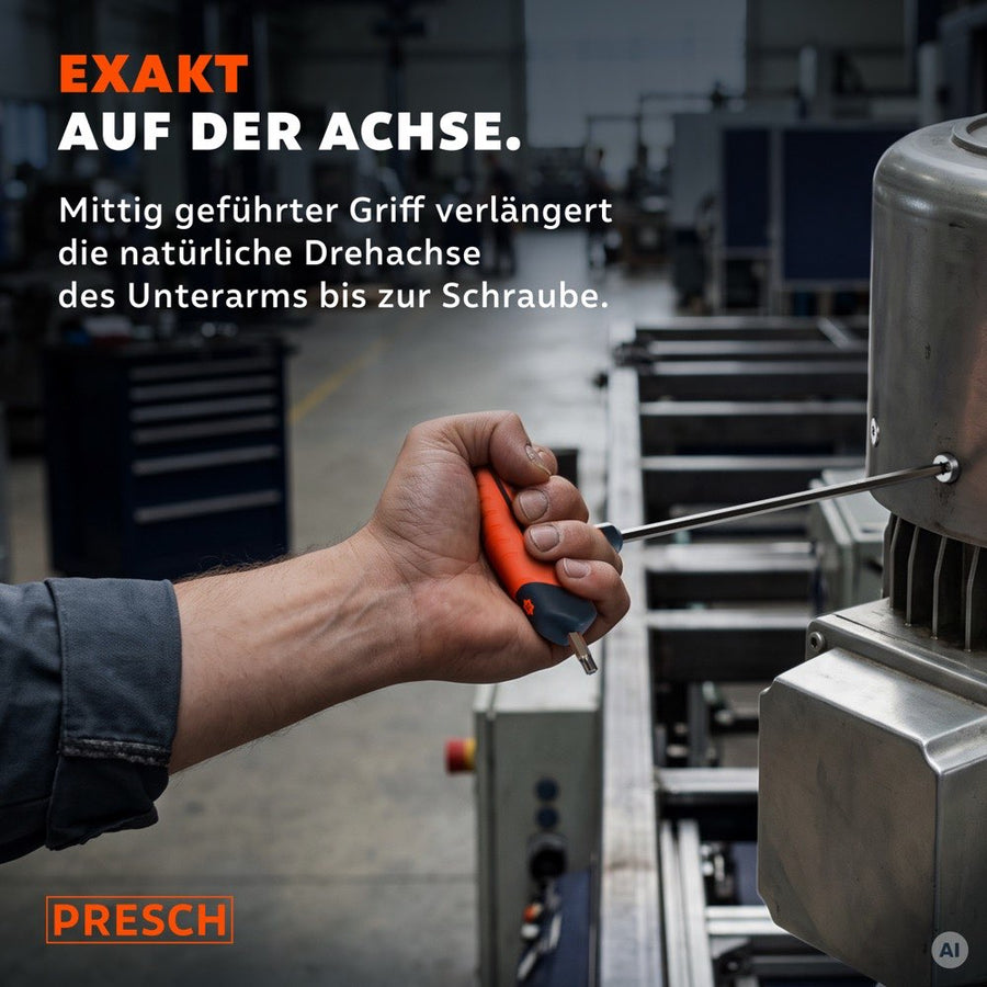 Unterarm und T-Griff bilden beim Schrauben eine gerade Achse zur Schraube