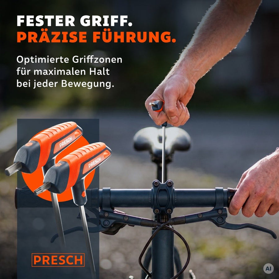 Twee handen stellen met T-greep sleutels een fietsstuur recht
