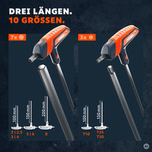 Overzicht van de schachtlengtes voor zeven zeskant en drie zesrond sleutels