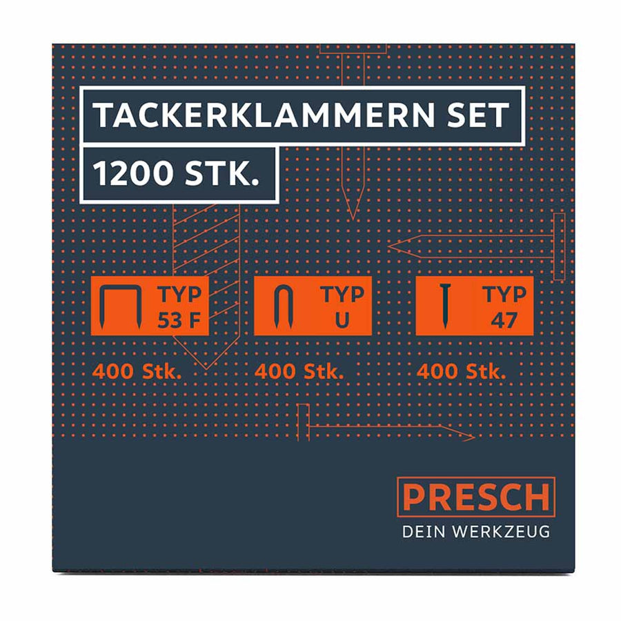Set de agrafes pour pistolet à agrafer Presch avec différents types d'agrafes, paquet de 1200 pièces.