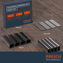 Set d'agrafes Presch avec différents types et tailles pour les travaux d'agrafage et les matériaux de fixation.
