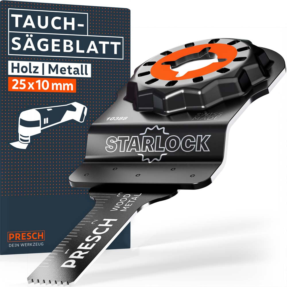 PRESCH Multitool insteekzaagblad voor hout & metaal (25x10mm) met Starlock‑bevestiging. Extra smal bi‑metaal zaagblad met geïntegreerde schaal en “Swiss Made” markering.