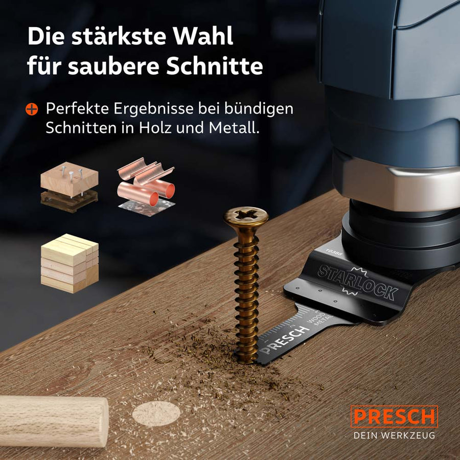 Maximale precisie bij afvlakken: Het multitoolblad bij het nauwkeurig afkorten van een verzonken metalen schroef in een houten oppervlak.