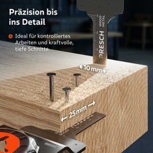 Technische afmetingen gevisualiseerd: Het bi-metaal zaagblad met een snijbreedte van 10 mm en een gebruikslengte van 25 mm bij het onderdompelen in een houten balk met spijkers.