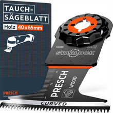 Lame de scie plongeante pour bois (40 × 65 mm) Multiitool PRESCH avec prise Starlock. Lame de scie professionnelle avec dent Courbe Curved‑Tec, échelle intégrée et précision « Swiss Made ».