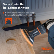 Précision lors des coupes longitudinales : le bord courbé Curved‑Tec assure une conduite fluide pour des résultats précis, comme illustré lors de la découpe d’une ouverture dans une plaque de bois.