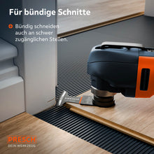 Solution idéale pour les poseurs de revêtements de sol : grâce à la forme incurvée, le laminat ou le parquet peut être découpé directement à même hauteur du mur ou des cadres de porte.