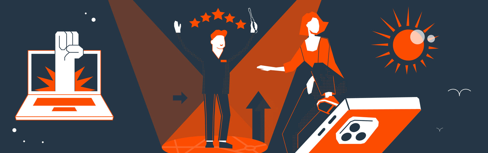 Illustration in den PRESCH-Farben: eine Person im Scheinwerferlicht mit erhobenen Armen und Sternen darüber, daneben Laptop, Werkzeug und Sonne