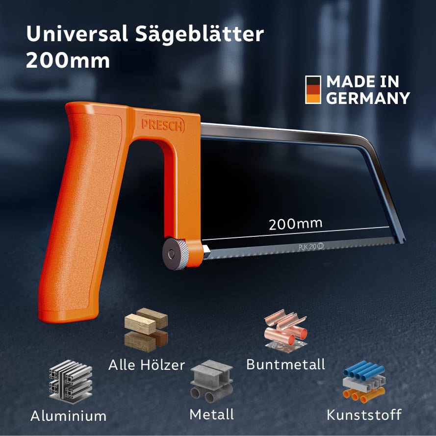Universal Sägeblätter 200mm im Einsatz mit der PRESCH Handsäge; geeignet für Aluminium, alle Hölzer, Metall, Buntmetall und Kunststoff.