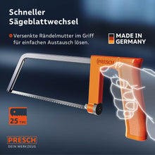 Illustration zum einfachen Austausch: Die versenkte Rändelmutter am PRESCH Griff ermöglicht ein schnelles Lösen und Wechseln der 25 TPI Universalklinge.