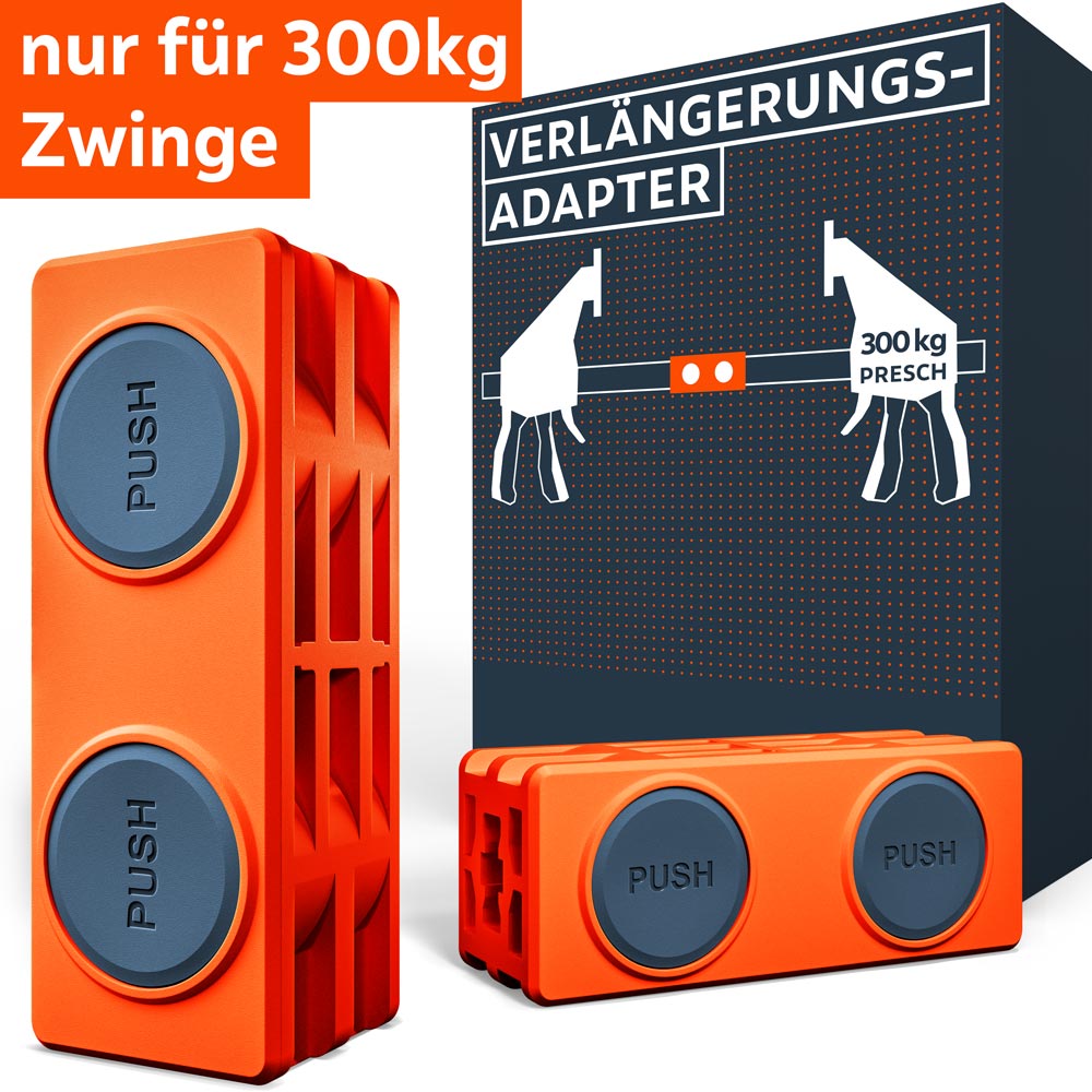 PRESCH Schienen-Verbindungsadapter Set für 300kg Einhandzwingen. Zwei orangefarbene Adapter-Blöcke mit runden blauen „Push“-Tasten werden vor der Produktverpackung präsentiert. Ideal zum Koppeln zweier Zwingenschienen für maximale Spannweite.