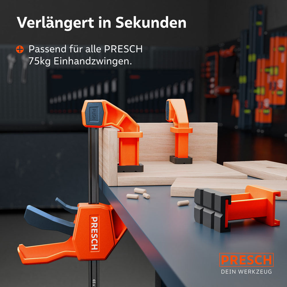 Montagebeispiel: Die Backen lassen sich sekundenschnell auf alle PRESCH 75kg Einhandzwingen aufstecken, um Werkstücke mit hohen Kanten oder tief liegende Bereiche sicher zu fixieren.