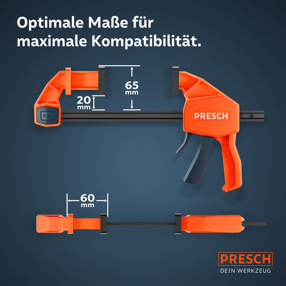Infografik der Abmessungen: Die Verlängerungsbacken bieten eine zusätzliche Ausladung von 60mm. Die Standard-Ausladung der 75kg Zwinge beträgt 65mm, wobei die Schiene einen Abstand von 20mm zum Werkstück hält.