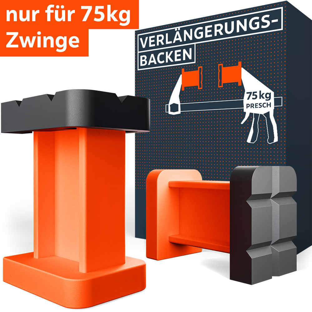 PRESCH Verlängerungsbacken-Set für 75kg Einhandzwingen. Zwei robuste orangefarbene Aufsätze mit schwarzen Schutzkappen werden vor der Produktverpackung präsentiert. Ideal zur Vergrößerung der Ausladung bei präzisen Spannarbeiten.