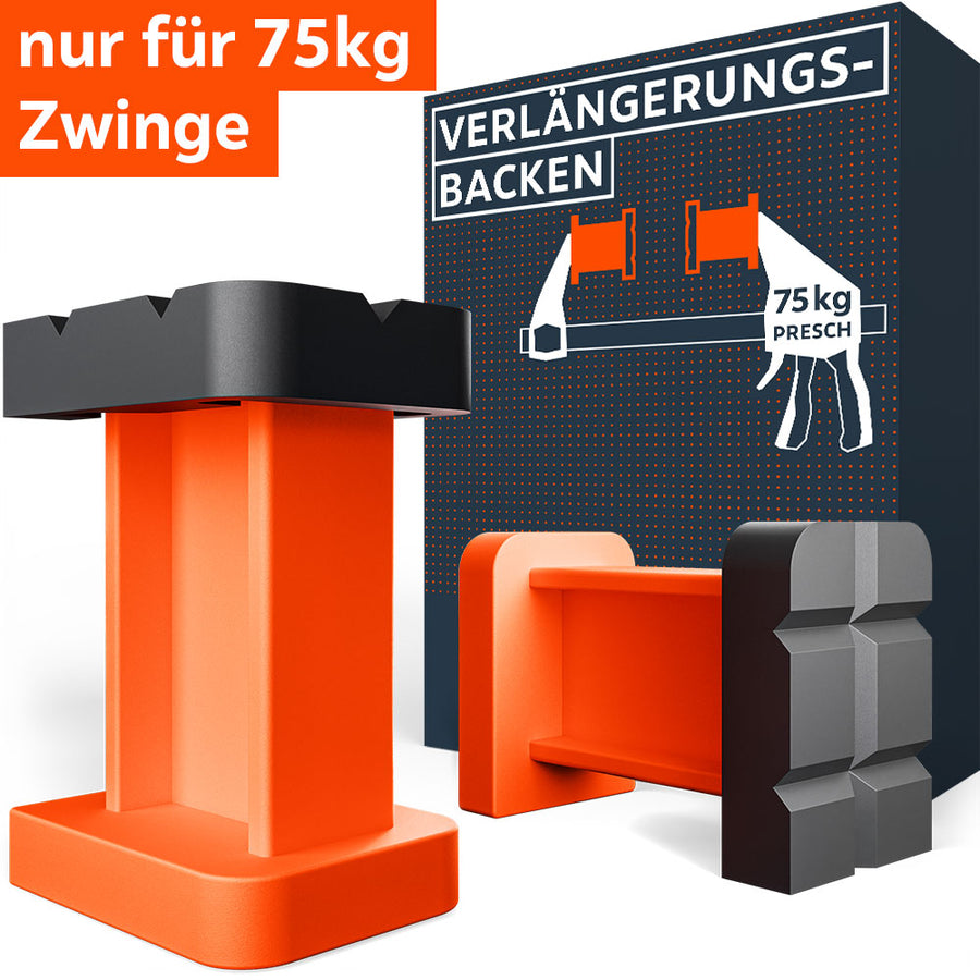 PRESCH verlengingsklemmen-set voor 75 kg eenhandspanners. Twee robuuste oranje kleurige opzetstukken met zwarte beschermkapjes worden gepresenteerd voor de productverpakking. Ideaal om de uitloop te vergroten bij nauwkeurige spanklussen.