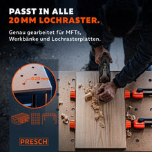 Le serre‑joint horizontal convient à toutes les grilles à trous de 20 mm des tables MFT et des établis.