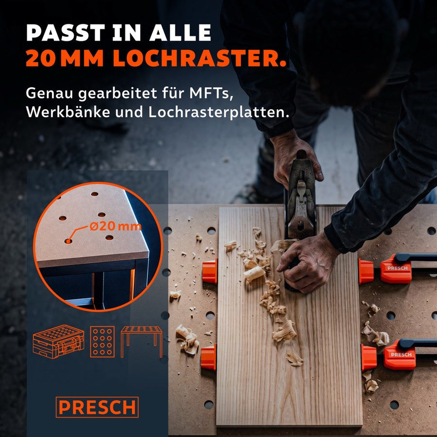 Le serre‑joint horizontal convient à toutes les grilles à trous de 20 mm des tables MFT et des établis.