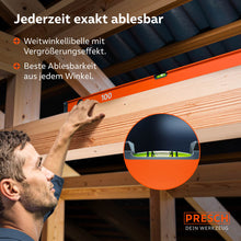 De waterpas in gebruik bij houtbewerkingen aan een dakconstructie; een vergrotende grafiek toont de breedhoek waterpas met vergrotingseffect voor nauwkeurige aflezing vanuit elke hoek.