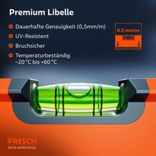 Makroaufnahme der Premium-Libelle mit einer Messgenauigkeit von 0,5mm/m, die UV-resistent, bruchsicher und für Temperaturen von -20°C bis +60°C ausgelegt ist.