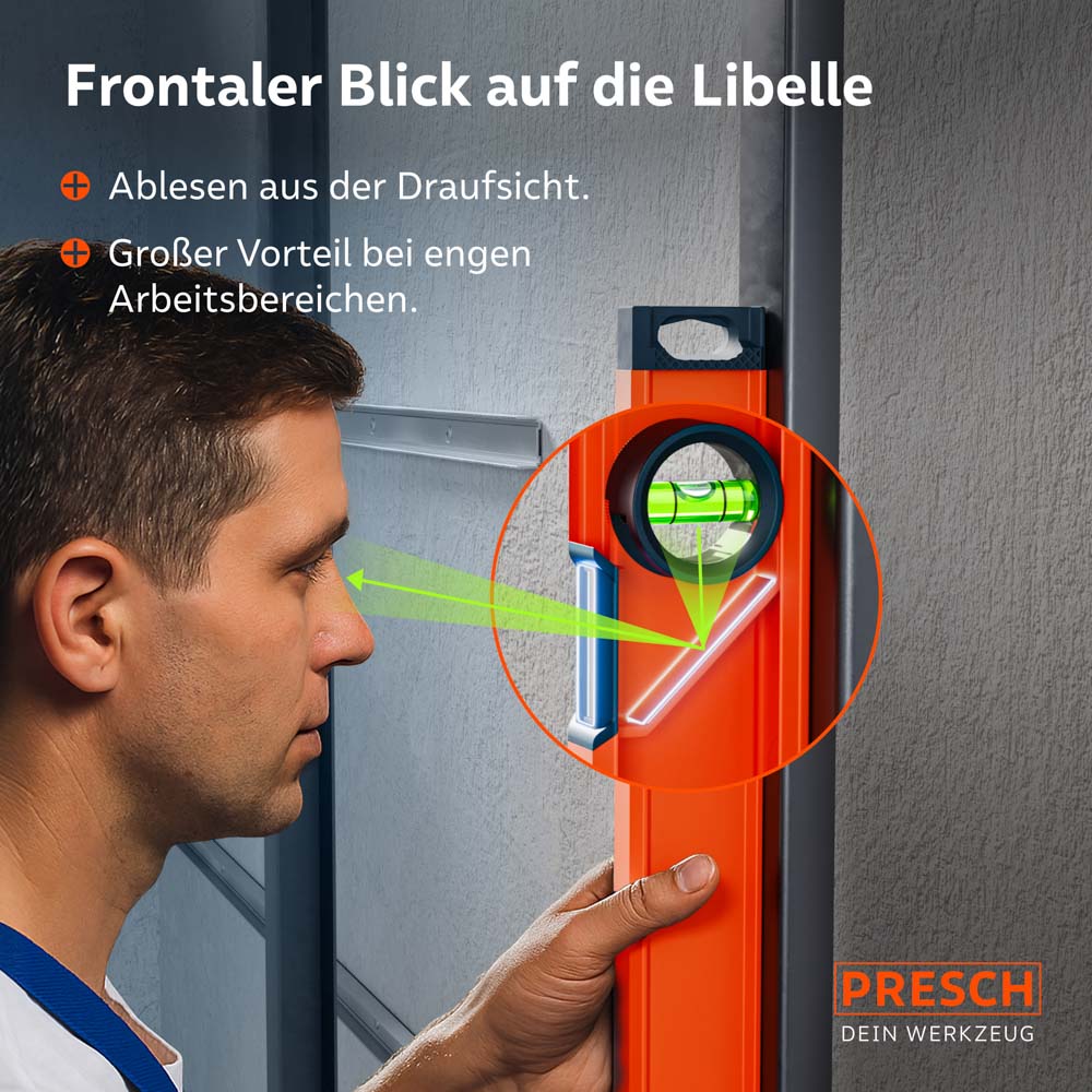 Detailansicht der vertikalen Libelle mit Spiegelsystem, die dem Anwender ein bequemes Ablesen von vorne ermöglicht – ein großer Vorteil bei Arbeiten in engen Nischen oder Ecken.