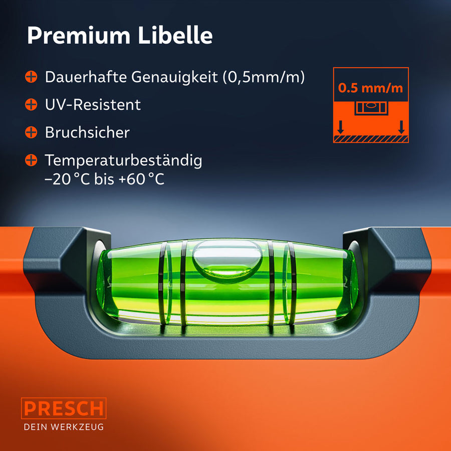 Makroaufnahme der Premium-Libelle mit einer Messgenauigkeit von 0,5mm/m, die UV-resistent, bruchsicher und für Temperaturen von -20°C bis +60°C ausgelegt ist.