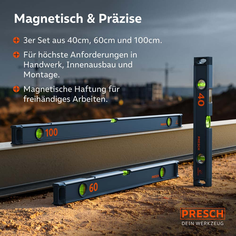 Die drei magnetischen Wasserwaagen des Sets werden auf einer Baustelle an einem Stahlträger und im Sand präsentiert, um ihre starke Haftung und professionelle Eignung für Metallbau und Montage zu verdeutlichen.