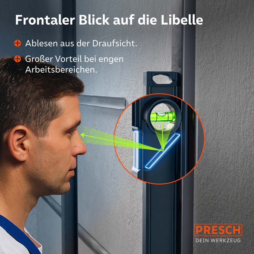 Detailaufnahme der vertikalen Libelle mit Spiegelfläche, die dem Anwender eine direkte Sicht von vorne ermöglicht – ideal für exaktes Ausrichten in engen Nischen oder an Metallprofilen.