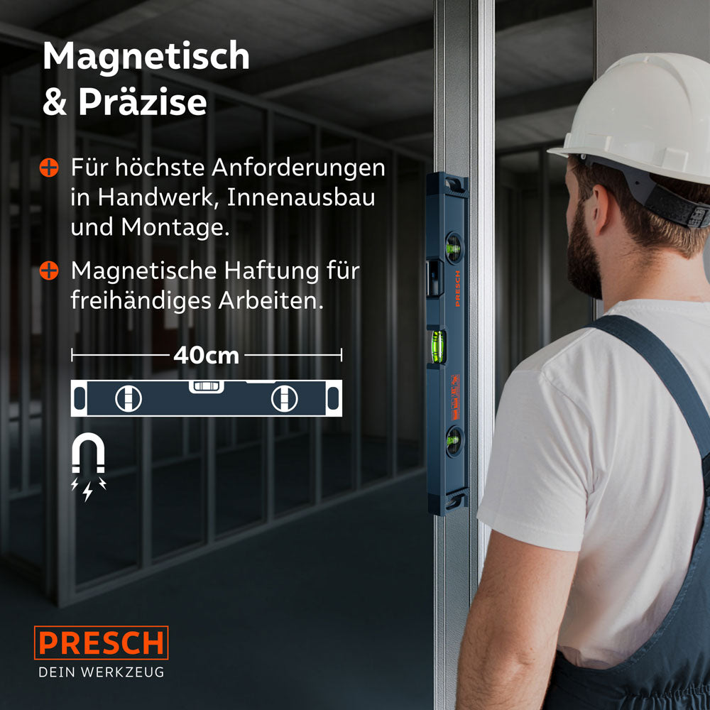 Un artisan utilise le niveau à eau magnétique PRESCH dans la construction à sec ; l’outil se fixe de façon autonome à un profil métallique vertical, ce qui permet un travail mains libres et un alignement précis lors du montage.