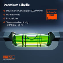 Makroaufnahme der hochpräzisen Libelle (0,5mm/m Genauigkeit), die UV-resistent, bruchsicher und für extreme Temperaturschwankungen zwischen -20°C und +60°C ausgelegt ist.