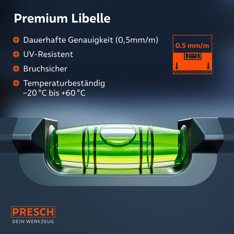 Makroaufnahme der hochpräzisen Libelle (0,5mm/m Genauigkeit), die UV-resistent, bruchsicher und für extreme Temperaturschwankungen zwischen -20°C und +60°C ausgelegt ist.