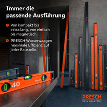 Übersicht verschiedener PRESCH Wasserwaagen-Modelle in einer Werkstatt, die die Vielfalt von kompakten magnetischen und klassischen Ausführungen (40cm bis 200cm) zeigt, um für jeden Baustelleneinsatz die passende Lösung zu bieten.